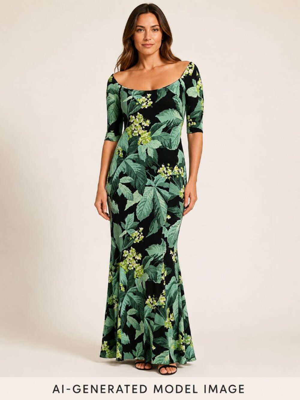 Norma Kamali Off Shoulder Fishtail Gown Floral Maxi Dress L/40